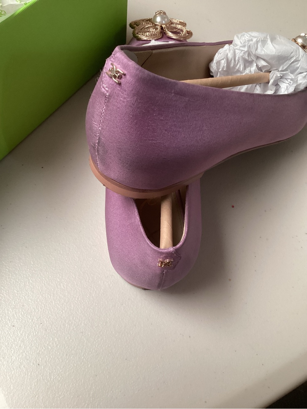 Sam Edelman Lilac Pointed-Toe Flats with Gold Floral Pearl Accent - Picture 5 of 6